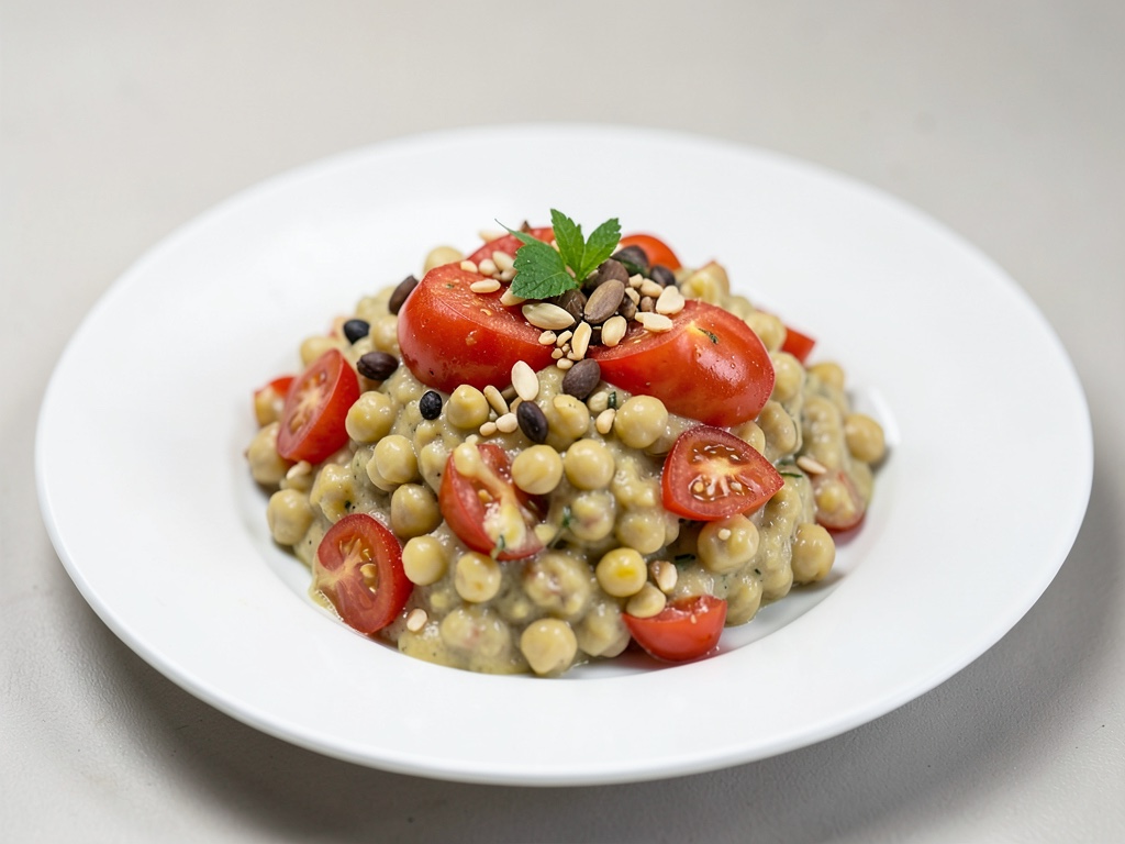 Crème de pois chiches aux tomates et pignons de pin