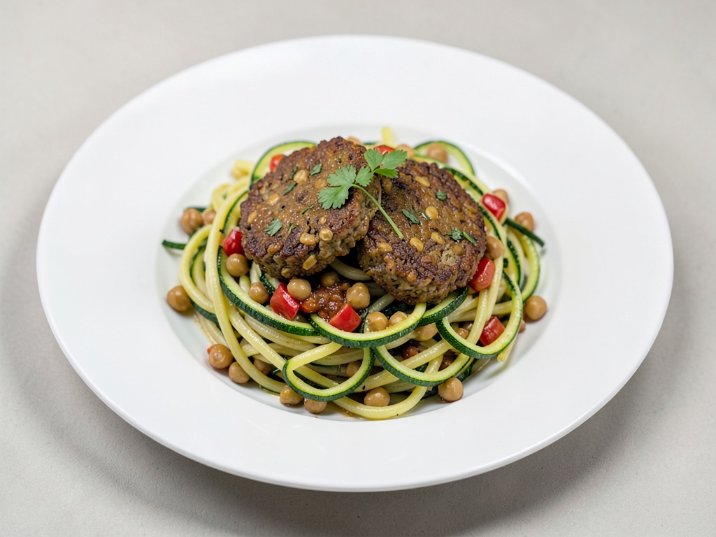 Hamburger di ceci su spaghetti di zucchine