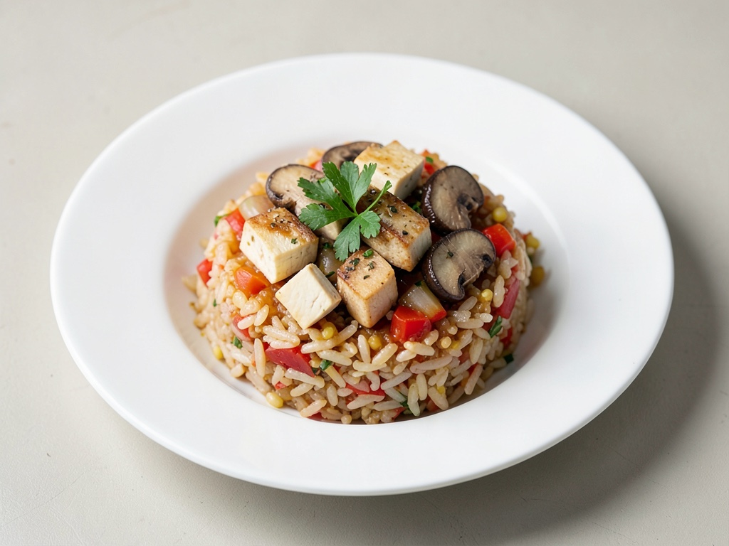 Bowl di riso al kimchi con tofu e funghi shiitake