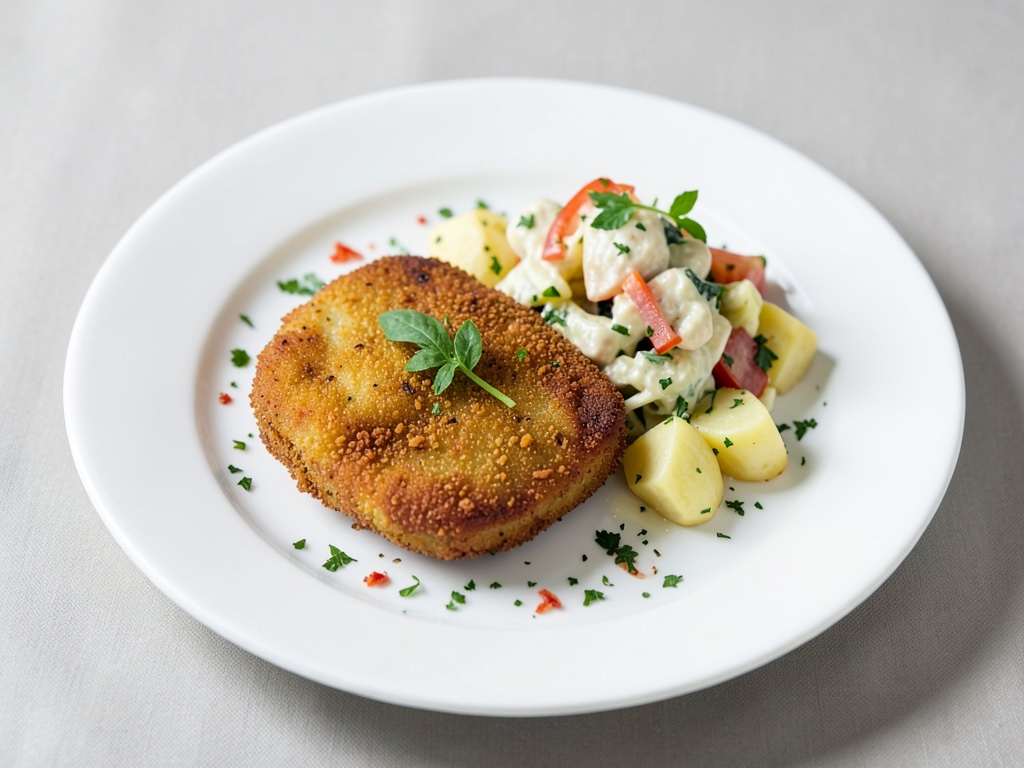 Schnitzel croccante con insalata di patate calda