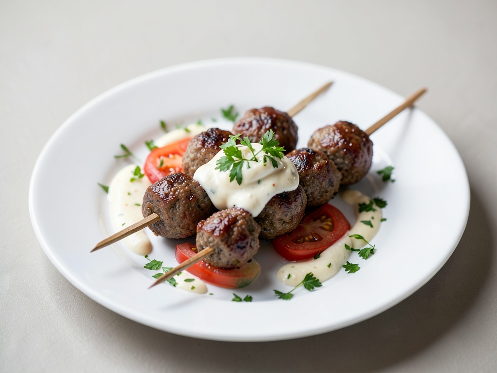 Spiedini di mini polpette con crema di pomodori