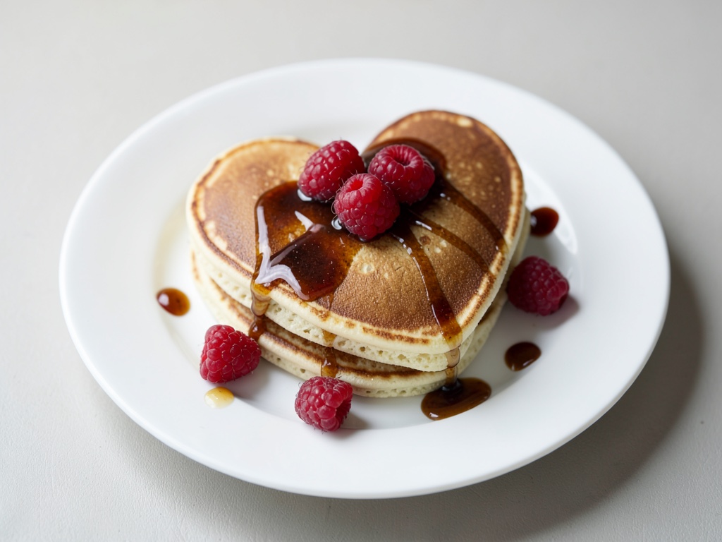 Herz-förmige Pfannkuchen mit Himbeeren und Ahornsirup