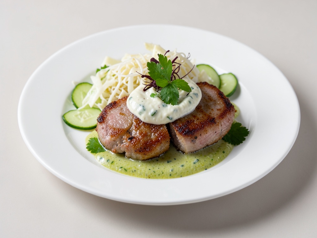 Cotoletta di vitello con yogurt al cetriolo fresco e cavolo bianco stufato