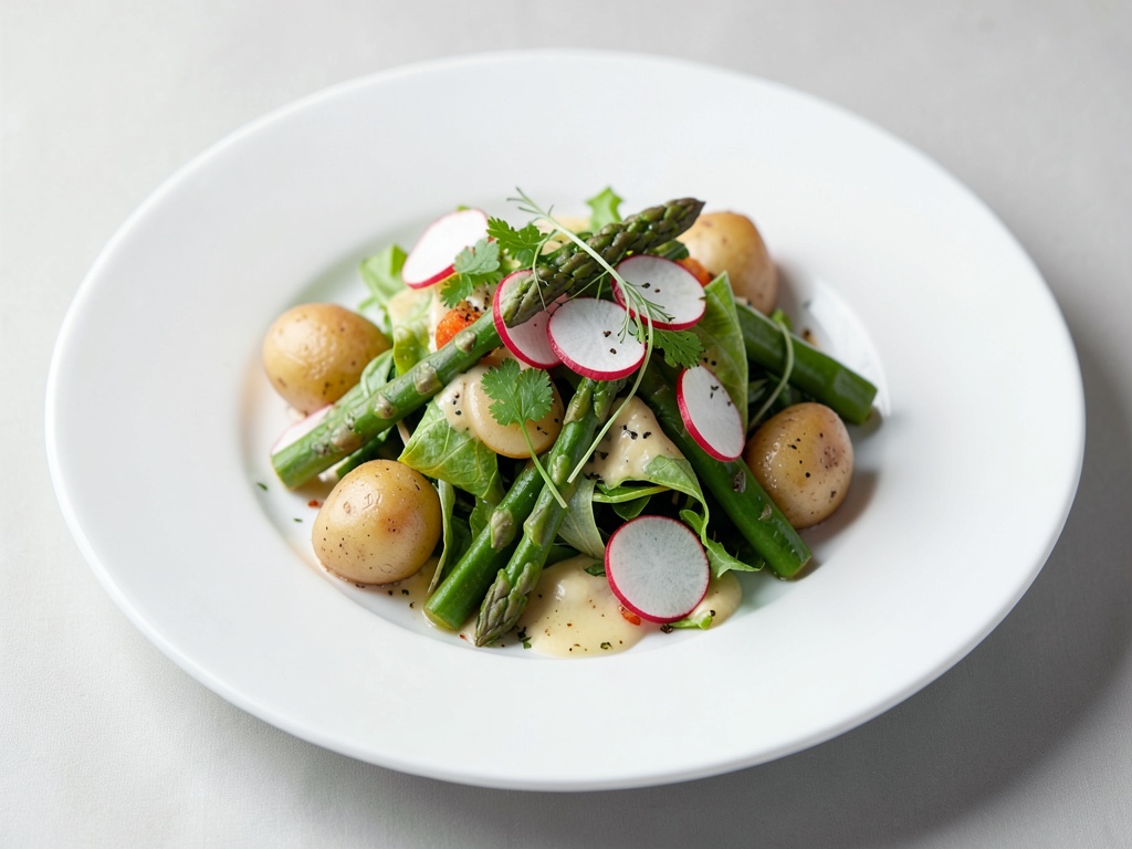 Insalata di primavera con piccole patate, asparagi e ravanelli