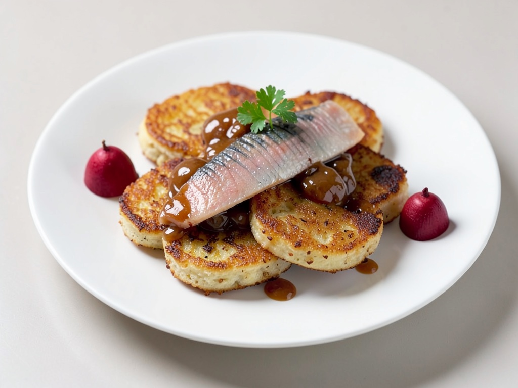 Pancakes de patata crujientes con arenque Bismarck marinado y remolacha