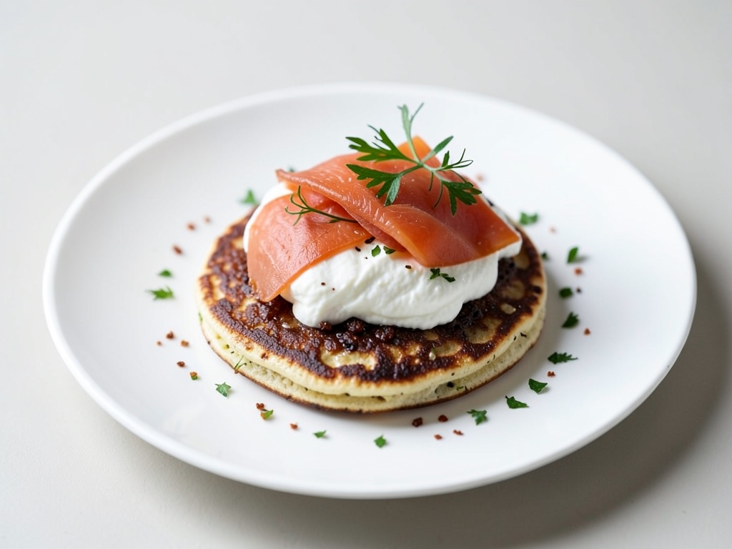Piccole cialde russe con formaggio fresco e salmone