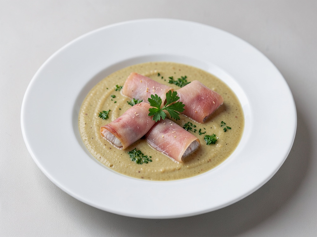 Geröstete Knoblauchsuppe mit Parmaschinken-Fischpäckchen