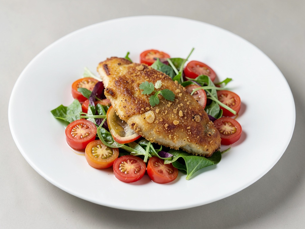 Pesce croccante su insalata di pane e pomodori