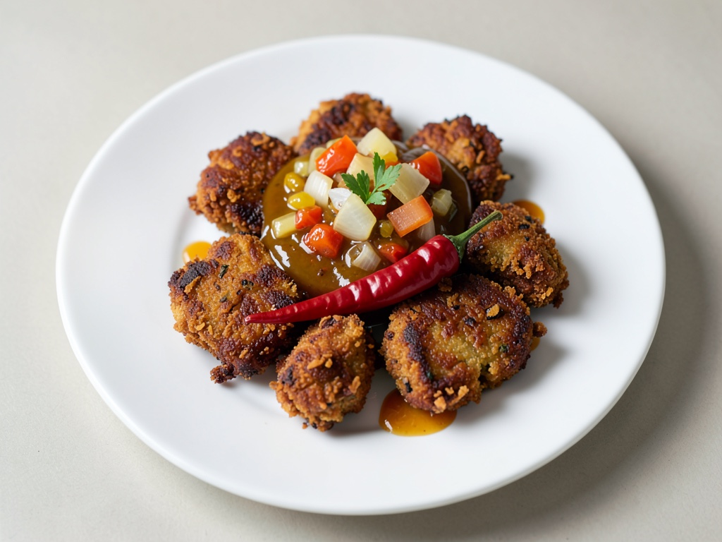 Barbabietola fritta croccante con chutney piccante di pera e scalogno