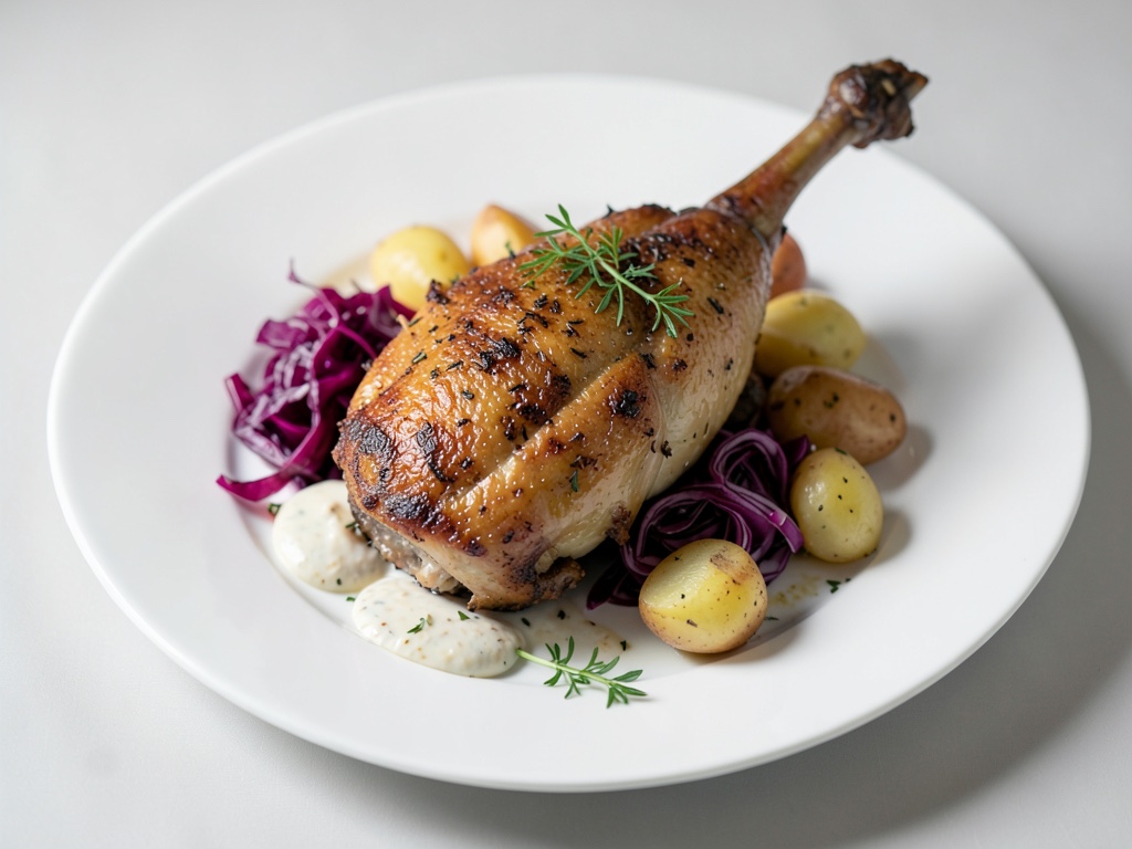 Anatra croccante con cavolo rosso e patate