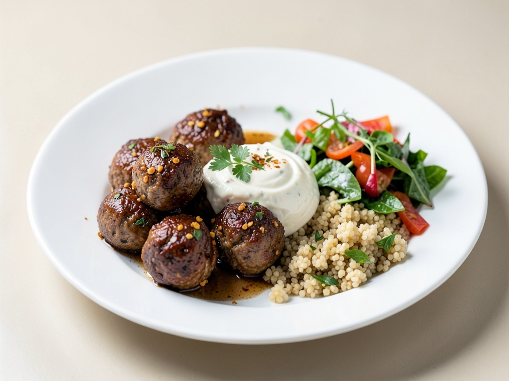 Polpette di carne speziate con yogurt dip e insalata di couscous