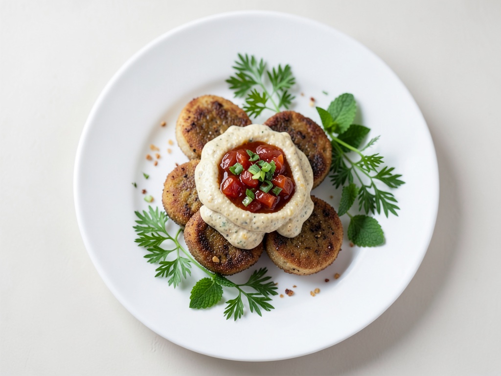 Spiedini di carne alla griglia con salsa cremosa al sesamo e insalata di pomodori fresca