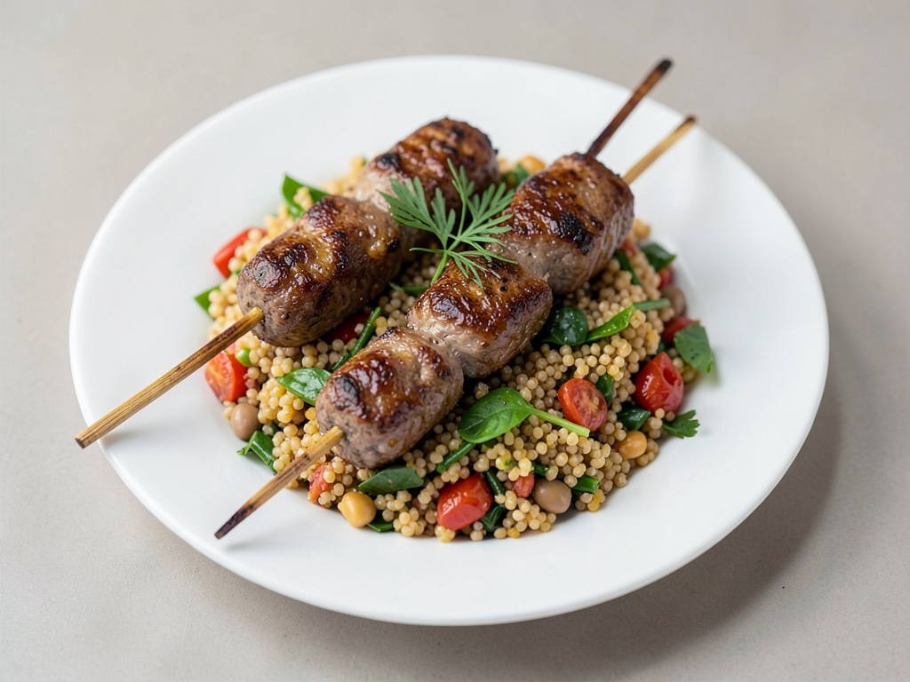Spiedini di Köfte di agnello su un'insalata rinfrescante di bulgur e fagioli