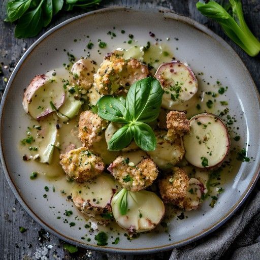 Kohlrabi with creamy basil sauce and pan-fried cutlets