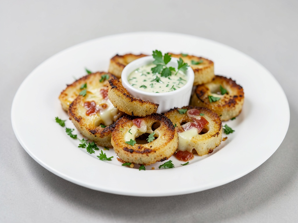Anelli di cavolo rapa croccanti con crosta di formaggio e salsa fresca alle erbe
