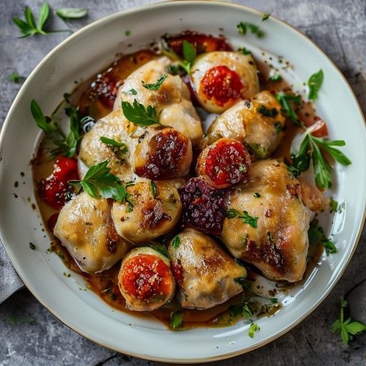 Rotoli di cavolo ripieni di carne con guarnizione di pomodori e uvetta