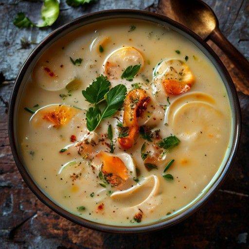 Sopa cremosa de pollo y coco con aroma tailandés