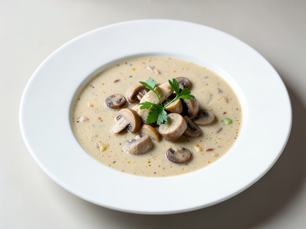 Sopa cremosa de pollo y coco con champiñones