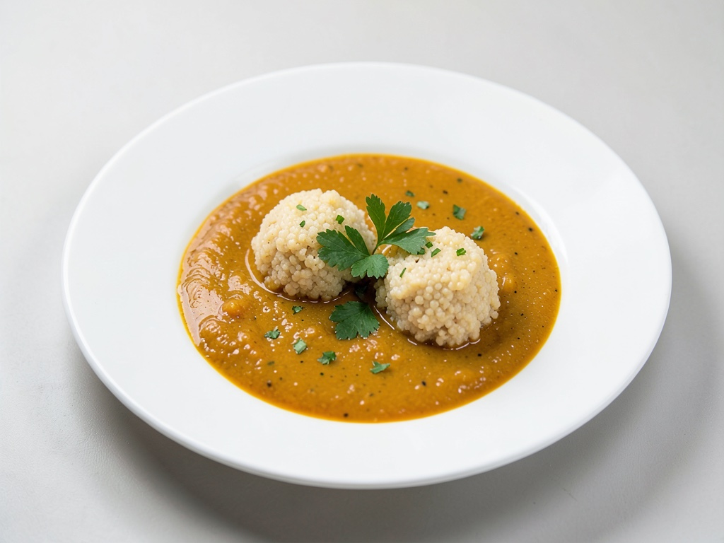 Sopa cremosa de calabaza con bolitas de sémola esponjosas