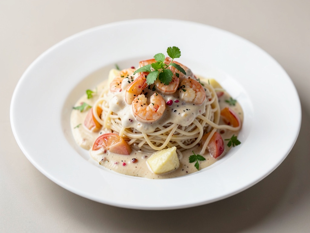 Gamberi cremosi con noodles di riso e cocco