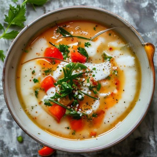 Sopa cremosa de tomate y coco con vainas de guisante