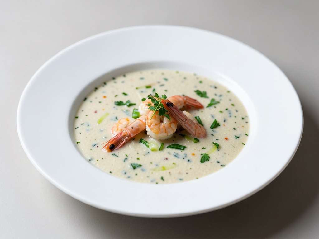 Sopa cremosa de lemongrass y coco con gambas