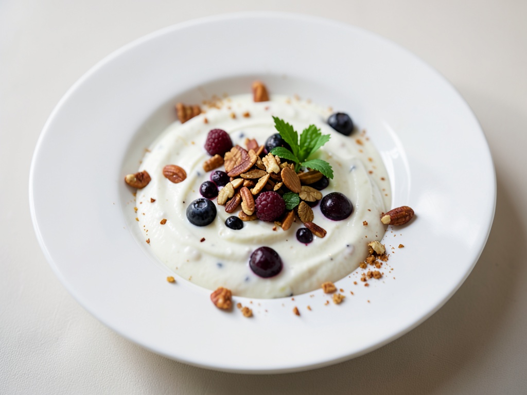Ciotola cremosa di cocco e yogurt con noci tostate e frutti di bosco