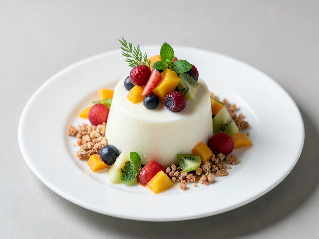 Tropisches Kokos-Gelee mit Fruchtsalat und Krokant