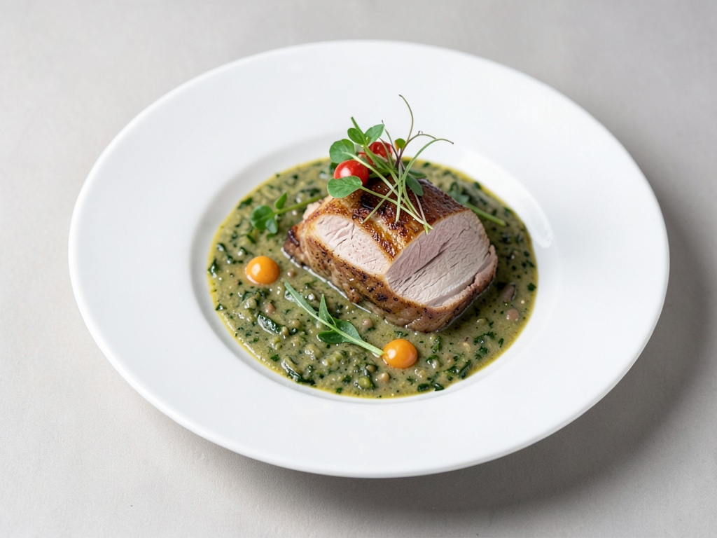 Petto d'anatra con zuppa di alghe e cocco