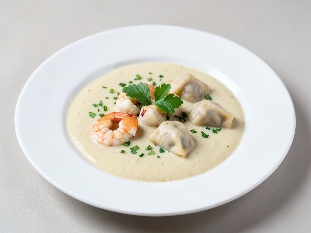 Zuppa cremosa al cocco con gamberi e ravioli