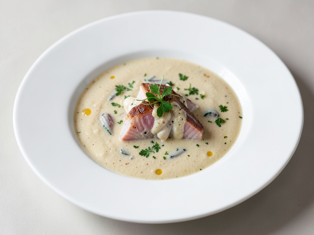 Zuppa cremosa al cocco con merluzzo