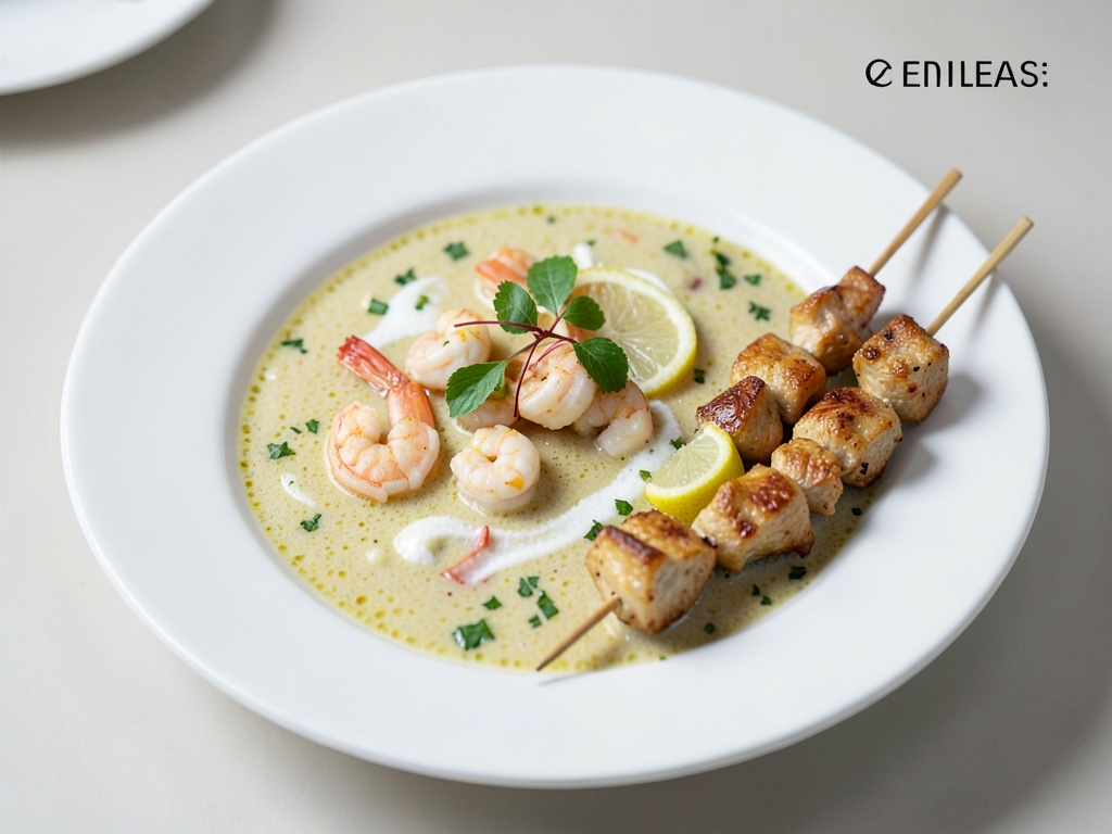 Soupe thaï au lait de coco, aux crevettes et brochettes de poulet citronné