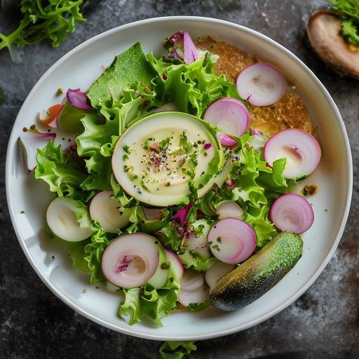 Insalata fresca di lattuga cappuccio con rafano, avocado e condimento di fiore di margherita