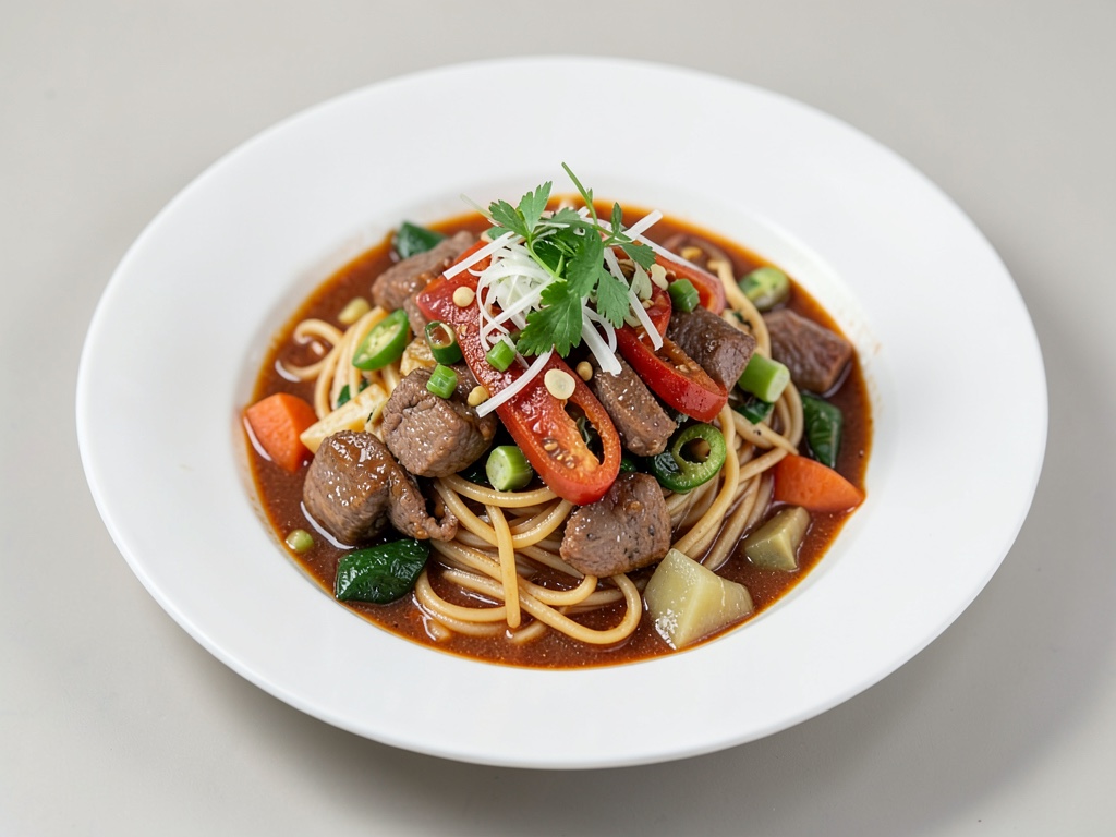 Saboroso guiso coreano de fideos con carne y verduras