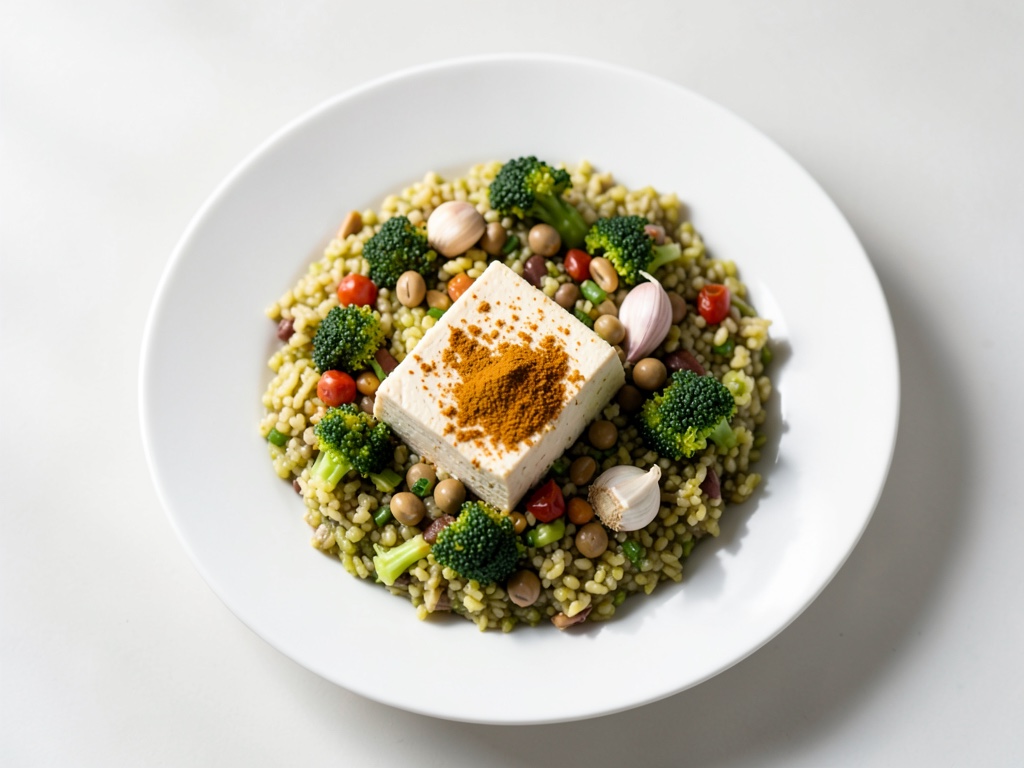 Tofu marinato con spezie Korma, cavolfiore e lenticchie