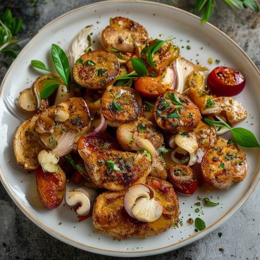 Cotolette croccanti con verdure di funghi champignon, cipolla e pomodorini
