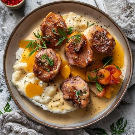 Costolette di maiale succose con salsa cremosa all'arancia e purè liscio di patate dolci