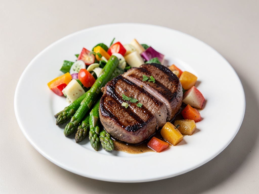 Costolette alla griglia con asparagi e insalata di frutta