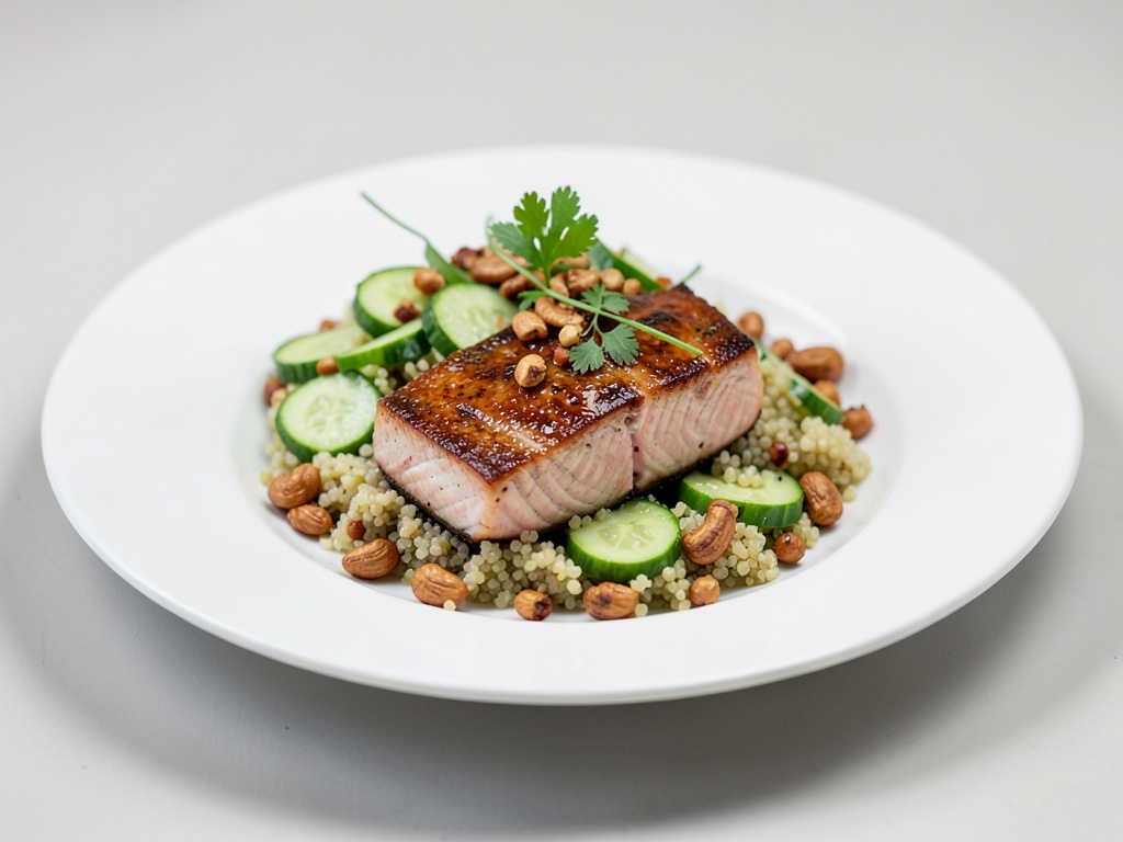Bistecche di salmone con insalata di couscous e cetrioli e anacardi tostati