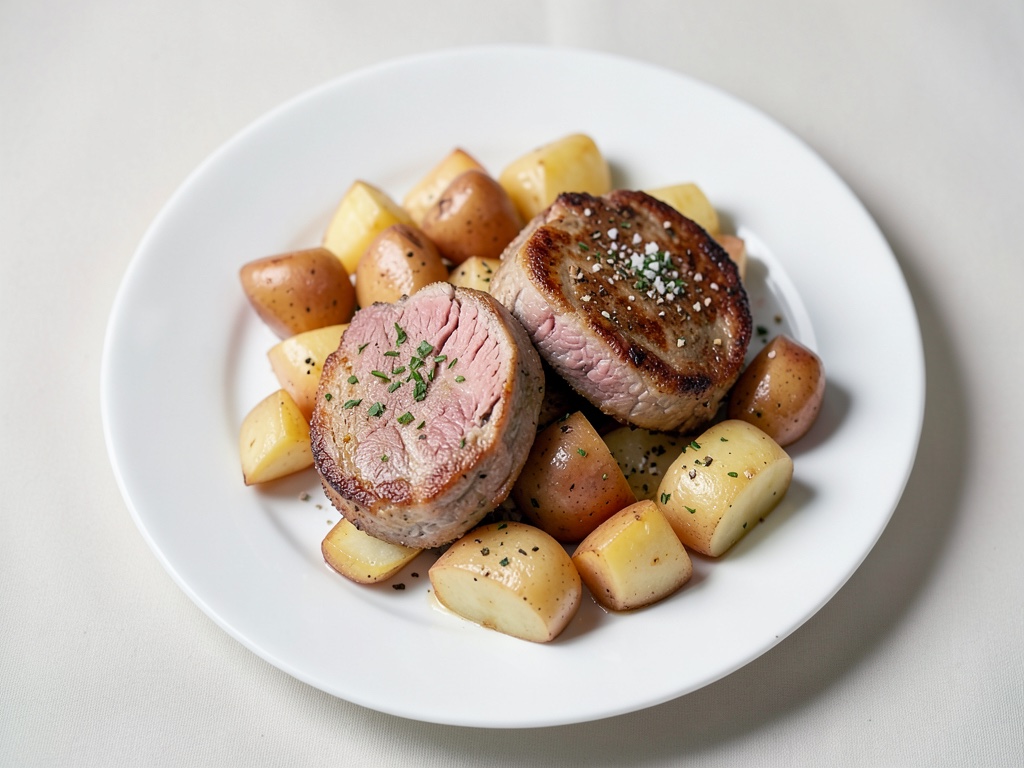 Cotolette di maiale croccanti con patate al forno e purè di verdure radicate