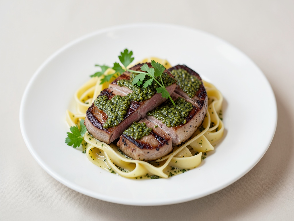 Otteletti di maiale alla griglia con strato di pesto e tagliatelle cremose