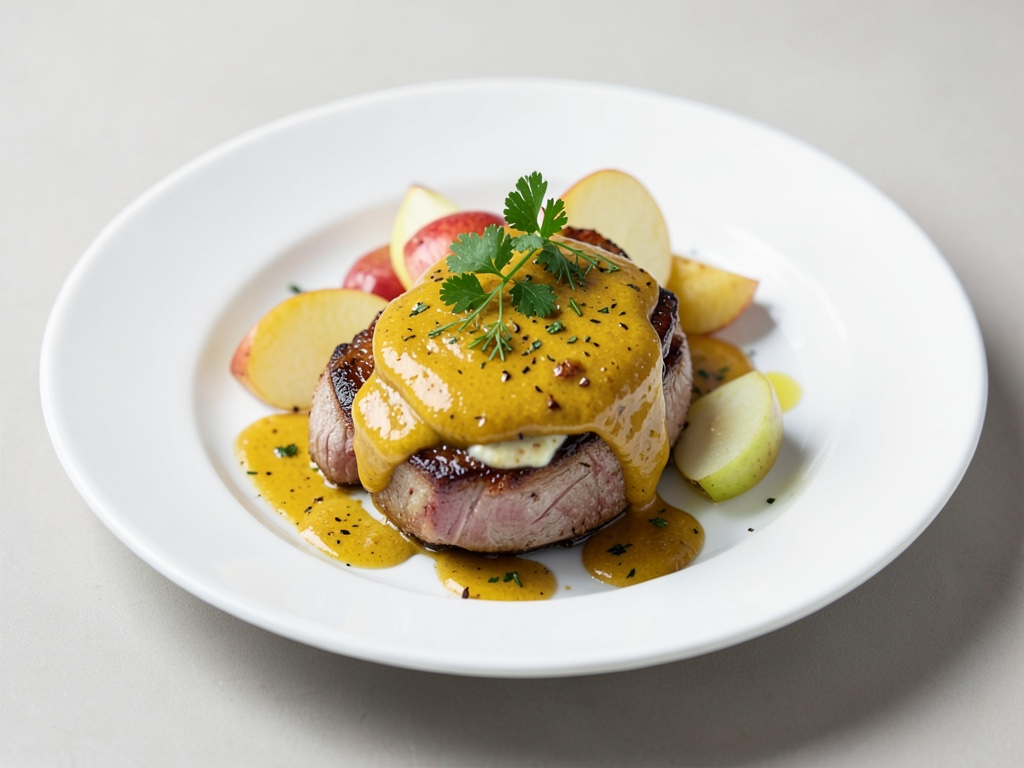Croûte d'œuf et moutarde sur côtelettes de porc avec pomme