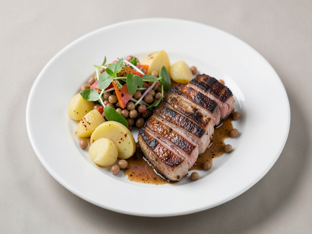 Côtelettes de porc grillées avec salade tiède de pommes de terre et haricots