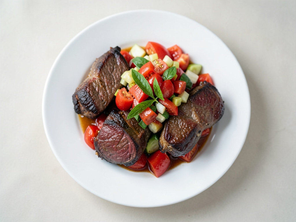Costolette d'agnello alla griglia con insalata fresca di pomodori e cipolle