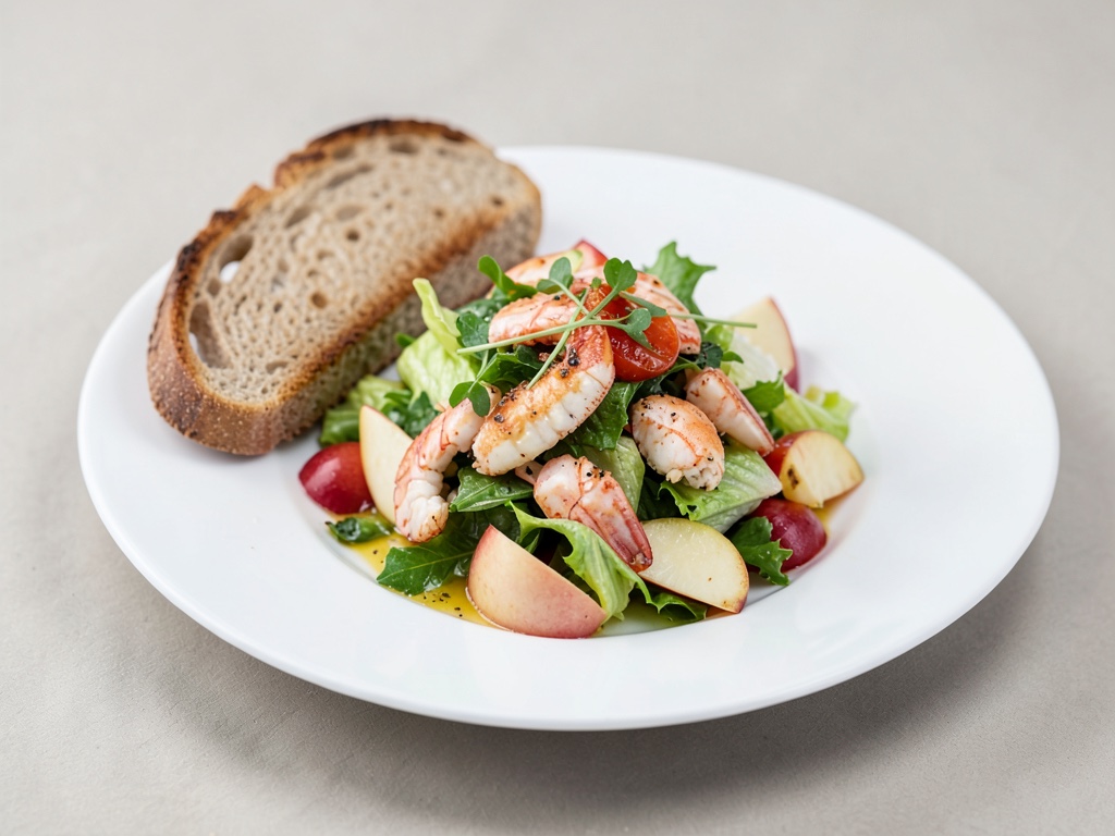 Ensalada fresca de cangrejo y manzana con pan tostado