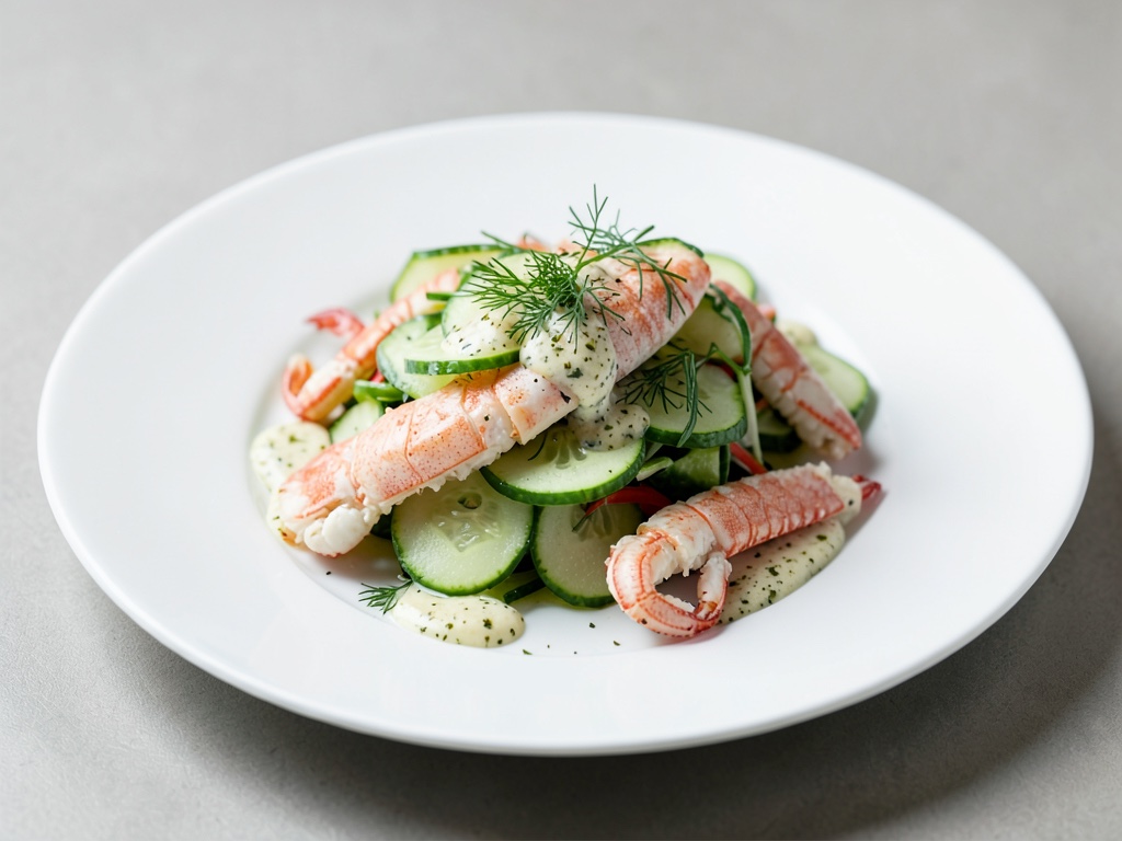 Ensalada fresca de camarones y pepino con vinagreta de rábano picante y eneldo