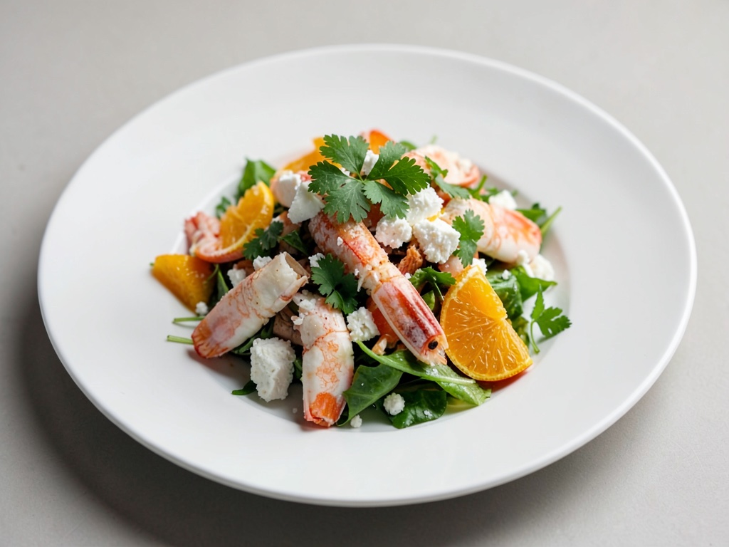 Insalata fresca di gamberi e arance con feta e coriandolo