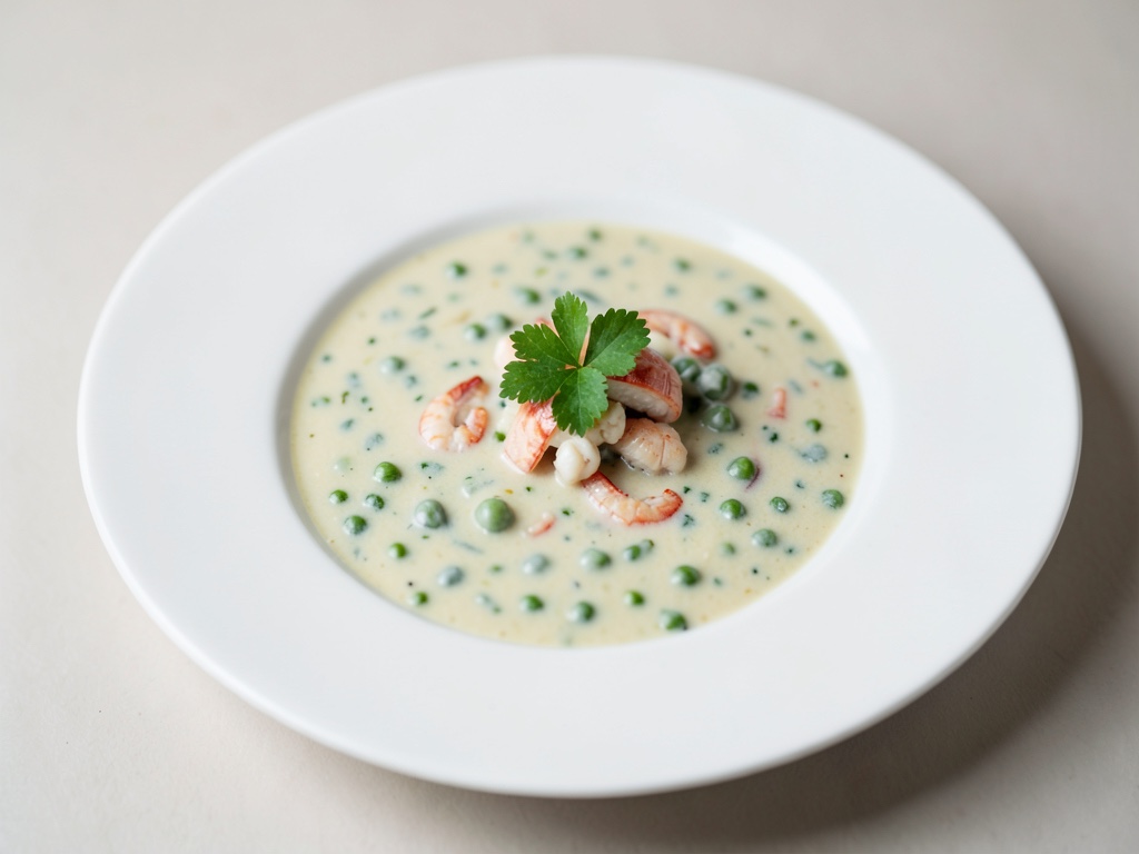 Zuppa cremosa di gamberi e piselli