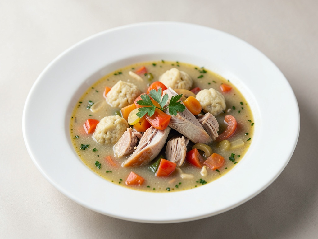 Zuppa salata di pollo e verdure con polpette di matzah