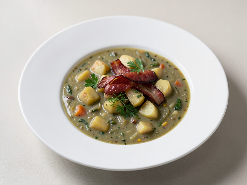 Zuppa di patate e crauti salata con pancetta croccante